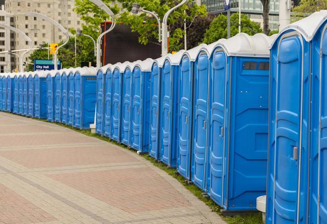 Seasonal porta potty units set up at a Westfield, Massachusetts venue